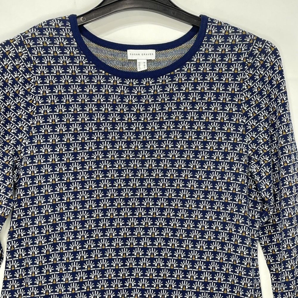 Susan Graver Women Medium Blue Cotton Blend Floral Pattern Long Sleeve Knit - Picture 3 of 10